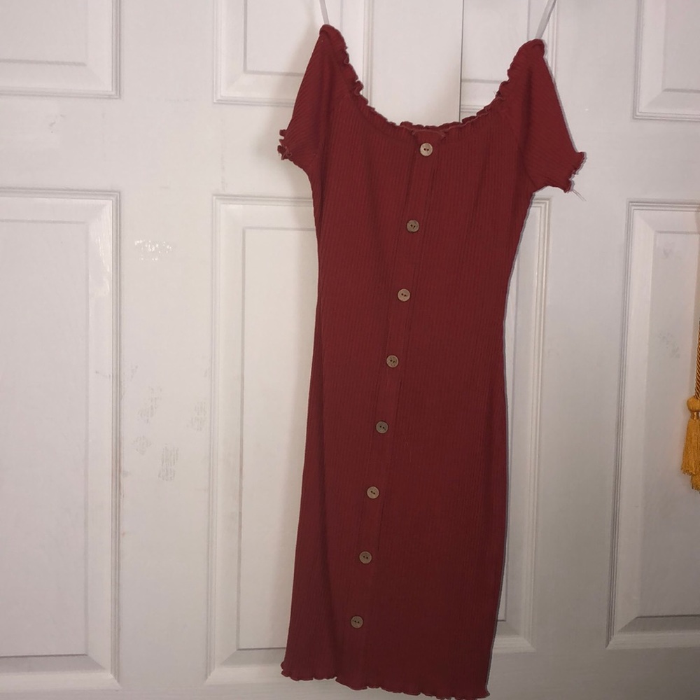 Rusty orange off the shoulder dress